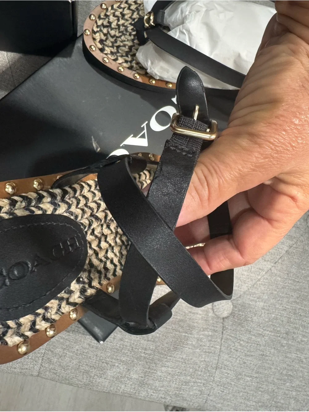 Women's Black Strappy Studded Espadrille Sandals